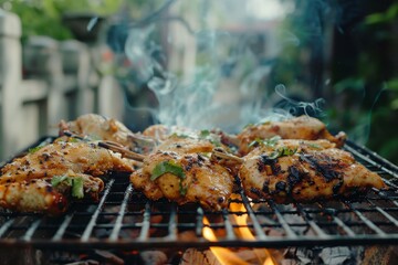 Juicy, marinated chicken pieces sizzle on a barbecue grill, releasing fragrant smoke that promises a delicious and flavorful outdoor feast.