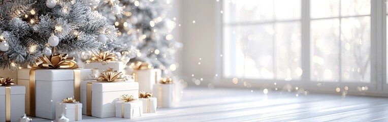 Elegant Gold and White Minimalist Christmas Scene with Tree and Gifts