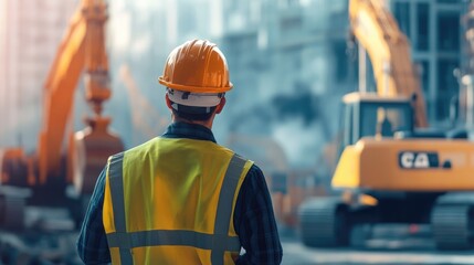 Poster - A construction engineer oversees a worksite, ensuring safety while coordinating the use of heavy machinery, a critical role in project management.