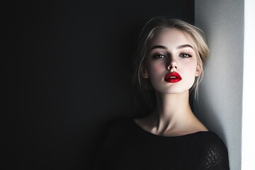 Wall Mural - Portrait of a Woman with Red Lipstick and Blonde Hair