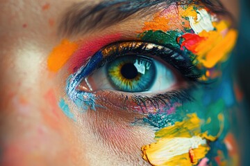 Sticker - Close-up of a Woman's Eye Covered in Colorful Paint