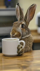 A rabbit holding a cup of coffee sits at a wooden table, creating a whimsical and charming moment in a relaxed cafe setting