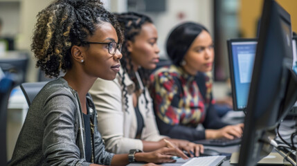 Wall Mural - A group of women engage in computer tasks, showcasing teamwork and concentration in a modern office setting