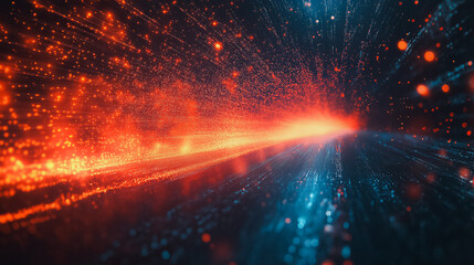 Poster - A bright orange and blue light is shooting through a tunnel of sparks. The light is surrounded by a blue and red background
