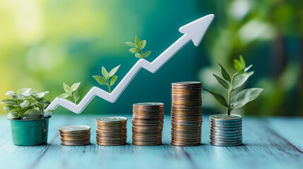 Poster - A white arrow pointing upwards, growing coins and green leaves on the background of a light blue wall with a grey floor. A growing graph chart made from stacked coins,  a business concept.