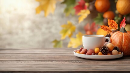 Rustic farmhouse table, Thanksgiving spread with coffee, 3D illustration