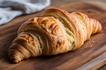 Wall Mural - A freshly baked croissant with a perfectly golden flaky crust sitting on a wooden board, AI Generated