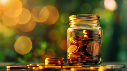 Wall Mural - Jar of coins glowing in warm sunlight with bokeh