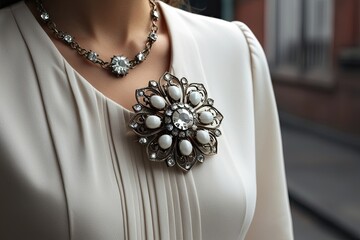 Closeup Mockup of Vintage Jewelry Brooch on Women's Dress