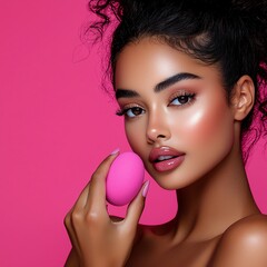 A stunning model poses with a pink beauty sponge against a vibrant pink background, showcasing radiant skin and captivating makeup.