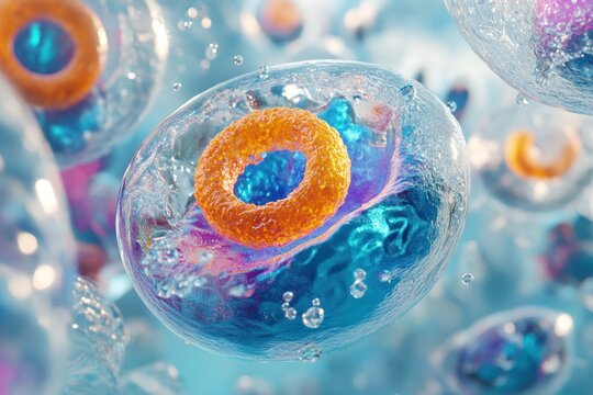 3D rendering of a colorful human cell with an orange ring-shaped jewel in the center