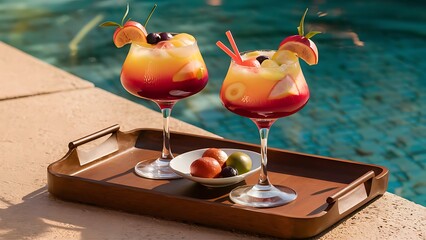 Two glasses with natural fruit refreshing beverage at poolside