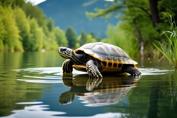 Turtle Swimming Calmly in Peaceful Lake Surrounded by Nature