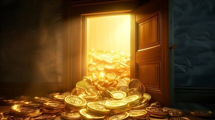 Wall Mural - Room filled with gold coins pouring from an open door