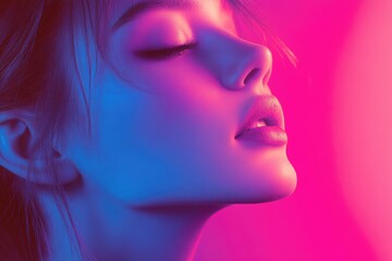 Poster - Close-up of a Woman's Face Illuminated by Pink and Blue Neon Lights