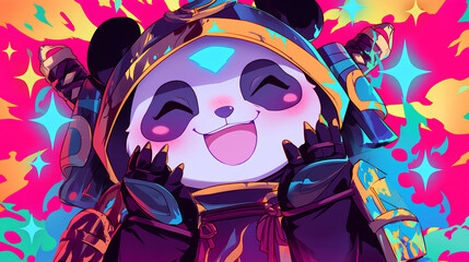 Poster - Cute panda wearing Japanese samurai armor, cool poses, cute kawaii, simple, smiling happy. neon psychedelic background