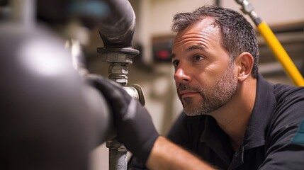 Poster - A plumber examines a pipe for leaks, demonstrating the critical role of professional services in resolving plumbing issues.