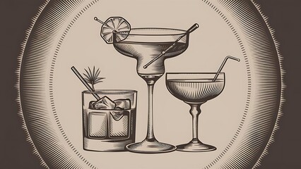 Wall Mural - Bar cocktail icon black and white alcoholic drinks daiquiri, old fashioned, sidecar glass hand drawn engraving vector vintage style line or flat. Isolated on transparent background