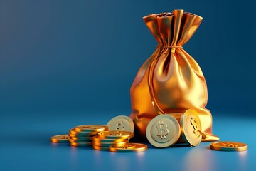 Wall Mural - Golden moneybag surrounded by coins on a blue background