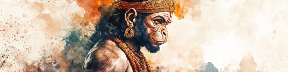 god monkey hanuman indian holy asia illustration，Majestic Hanuman: Vibrant Abstract Watercolor for Modern Hindu Art. Striking Red and Blue Textures Ideal for T-Shirts, Posters, and UI Design. Minimali