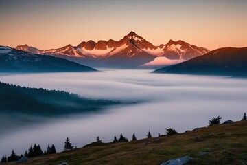 Wall Mural - Stunning Sunrise Mountain Landscape with Mist and Fog