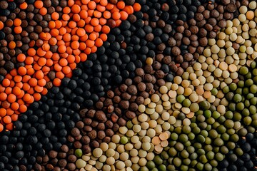 Colorful assortment of lentils arranged in patterns, top view, close-up, macrophotography