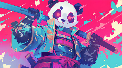 Wall Mural - Cute panda wearing Japanese samurai armor, cool poses, cute kawaii, simple, smiling happy. neon psychedelic background