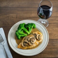 Wall Mural - Chicken Marsala with steamed broccoli and a glass of red wine