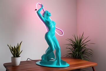 Turquoise Metal Sculpture of a Woman Ascending in Vibrant Neon Glow