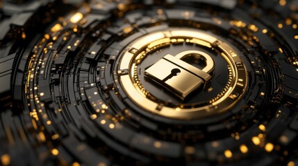 Poster - close-up of key symbol in digital security circle, gold color on black background, technology style, futuristic