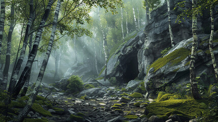 Wall Mural - a forest landscape with a hidden cave entrance among the rocks