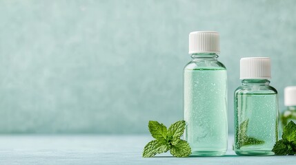 Bottles of essential oil with mint leaves.