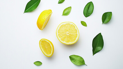 Wall Mural - Yellow lemon slices falling with green leaves isolated on white background