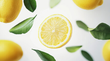 Yellow lemon slices falling with green leaves isolated on white background