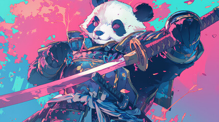 Canvas Print - Cute panda wearing Japanese samurai armor, cool poses, cute kawaii, simple, smiling happy. neon psychedelic background