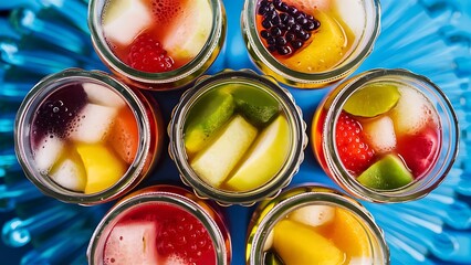 Detox drinks in jars with fresh fruits isolated on blue