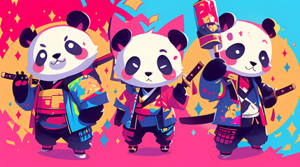 Canvas Print - Cute panda wearing Japanese samurai armor, cool poses, cute kawaii, simple, smiling happy. neon psychedelic background