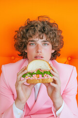 A young man in a pastel pink suit holding a sandwich with vibrant ingredients against an orange background. Bold color contrast in a modern food and fashion concept.