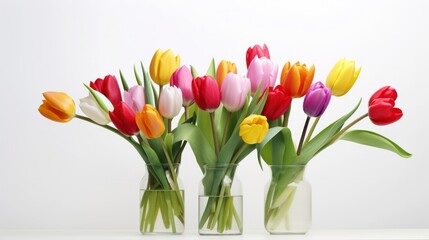 A still life arrangement of colorful tulips, their vibrant hues contrasting with the stark white background