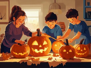 Wall Mural - Children carve pumpkins for Halloween