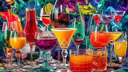 Collection of various glasses and drinks on color background