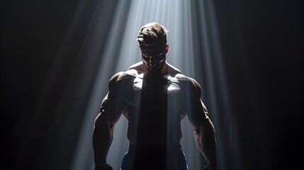 Wall Mural - Shredded Bodybuilder Posing Under Dramatic Lighting Enhancing Muscular Form