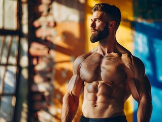 Wall Mural - Muscular shirtless male bodybuilder showing off six pack abs in energetic gym setting