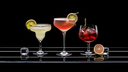 Freshening margarita, cosmopolitan and negroni with ice cubes on black backdrop, concept