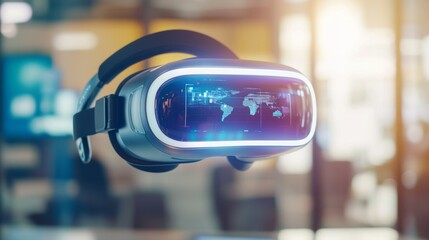 Wall Mural - a close-up of a virtual reality (vr) headset being used in a business setting for virtual meetings o
