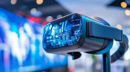 Wall Mural - a close-up of a virtual reality (vr) headset being used in a business setting for virtual meetings o