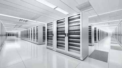 A clean and modern data center filled with rows of servers and network equipment, symbolizing the backbone of digital business operations. The environment is clean and secure, with LED lights