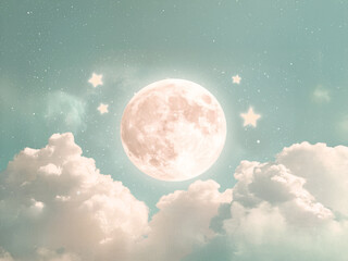 fairy-tale baby blue sky background with the shining full moon, glittering stars, and fluffy clouds in the sky, a cozy, dreamy, and playful atmosphere	
