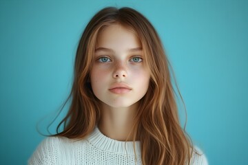 Pensive Young Woman with Serene Gaze Framed Against Soft Blue Background