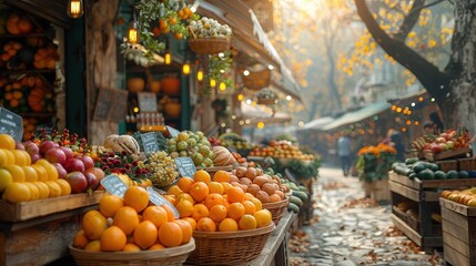 A vibrant market scene featuring fresh fruits arranged in wooden baskets, illuminated by soft morning light.